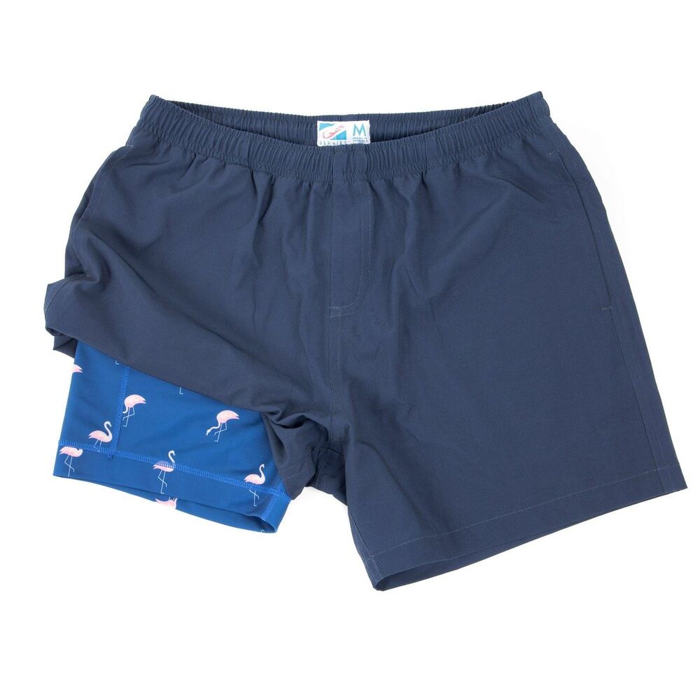 NWT Bermies Performance Short Mens XXL  Navy Supportive Stretch Liner Flamingos